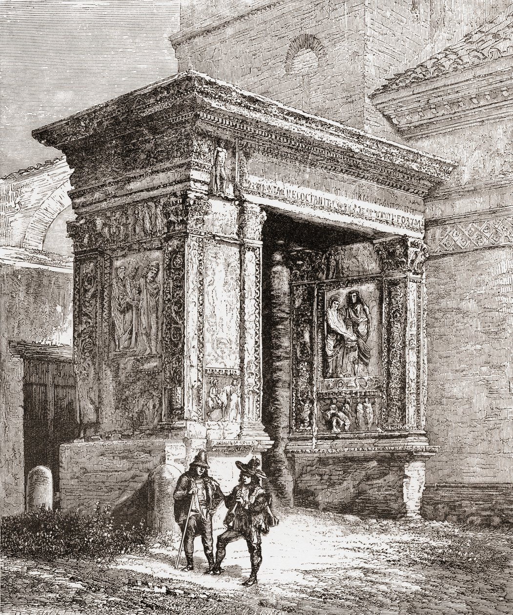 Az Arcus Argentariorum, a San Giorgio al Velabro templom nyugati falán, Róma, Olaszország, 19. század vége. A Samuel Manning tiszteletes által 1890 körül kiadott Italian Pictures című műből. alkotó: Reverend Samuel Manning