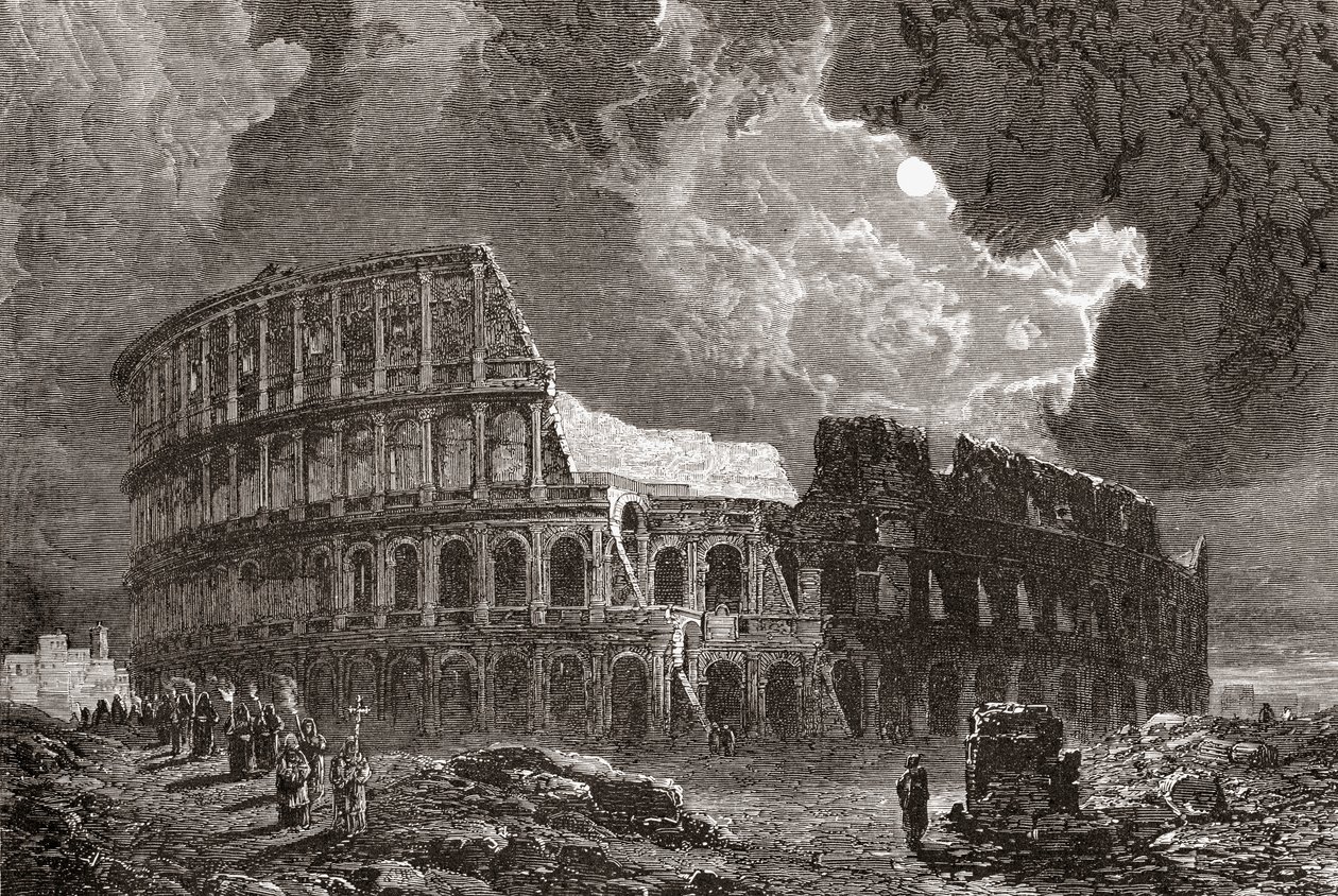 A Colosseum, Róma, Olaszország, holdfényben, a 19. század végén. A Samuel Manning tiszteletes által 1890 körül kiadott Italian Pictures című kötetből. alkotó: Reverend Samuel Manning