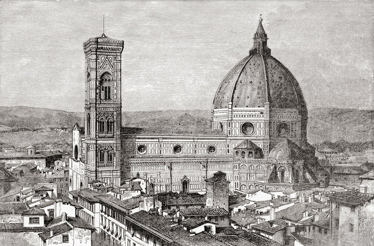 A dóm és a Santa Maria del Fiore-bazilika campanile-ja a Piazza del Duomo téren, Firenze, Olaszország, 19. század vége. A Rev. Samuel Manning által 1890 körül kiadott Italian Pictures című kötetből. alkotó: Reverend Samuel Manning
