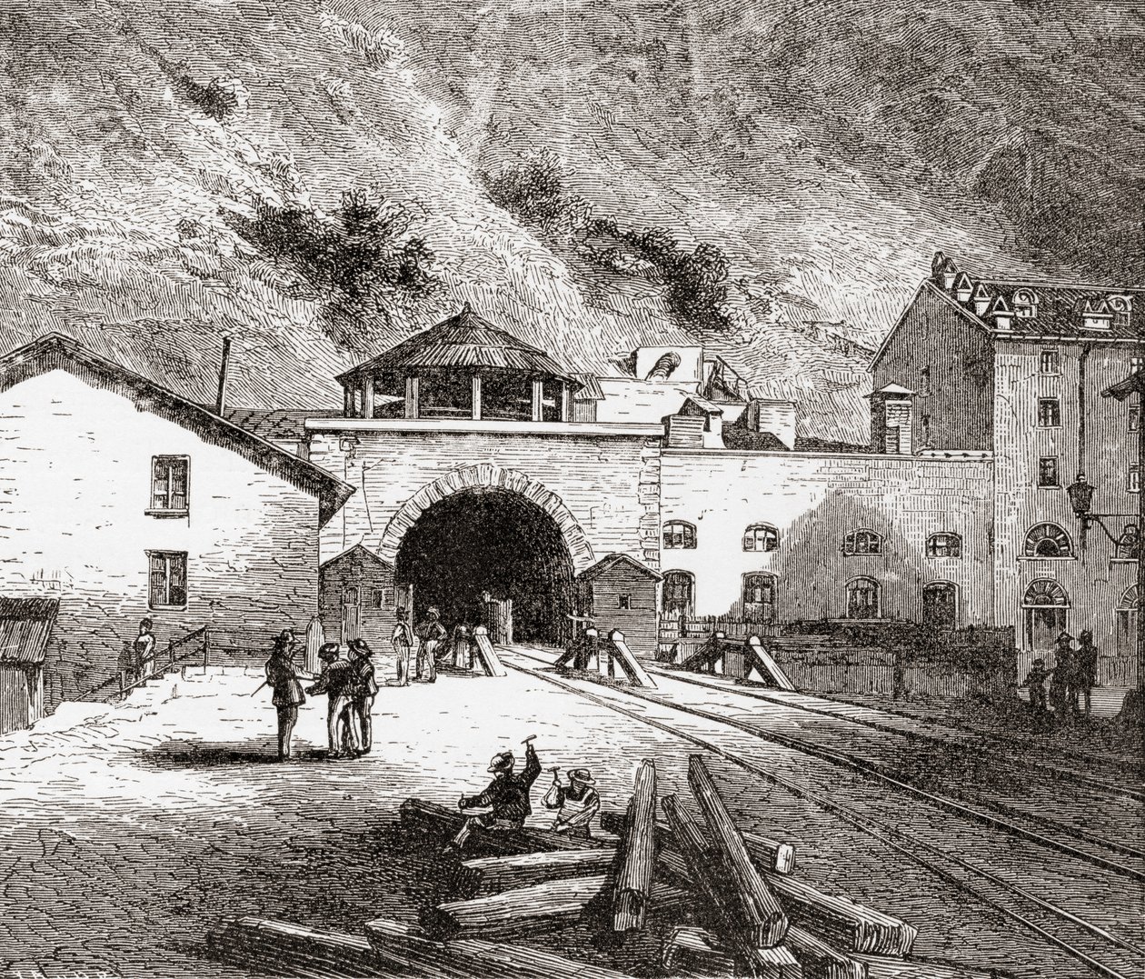 A Fréjus vasúti alagút, más néven Mont Cenis alagút, Európai Alpok, az olasz oldalról a 19. század végén. Samuel Manning tiszteletes 1890 körül kiadott Italian Pictures című művéből. alkotó: Reverend Samuel Manning