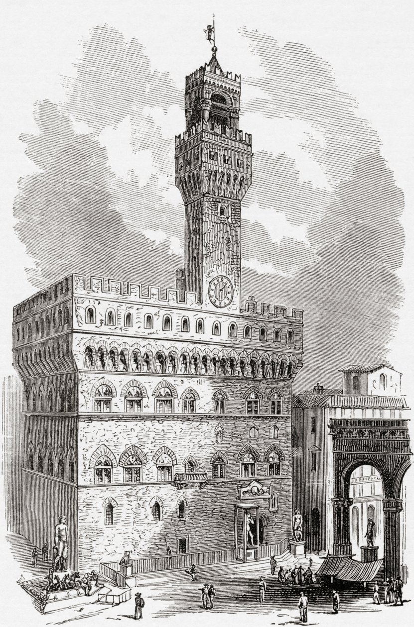 A Palazzo Vecchio, Firenze, Toszkána, Olaszország a 19. század végén. A Rev. Samuel Manning által 1890 körül kiadott Italian Pictures című kötetből. alkotó: Reverend Samuel Manning