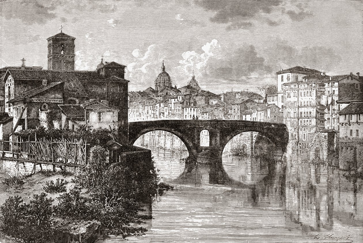 A Pons Fabricius, vagy Ponte dei Quattro Capi, és a Tiberis-sziget, Róma, Olaszország a 19. század végén. A Rev. Samuel Manning által 1890 körül kiadott Italian Pictures című kötetből. alkotó: Reverend Samuel Manning