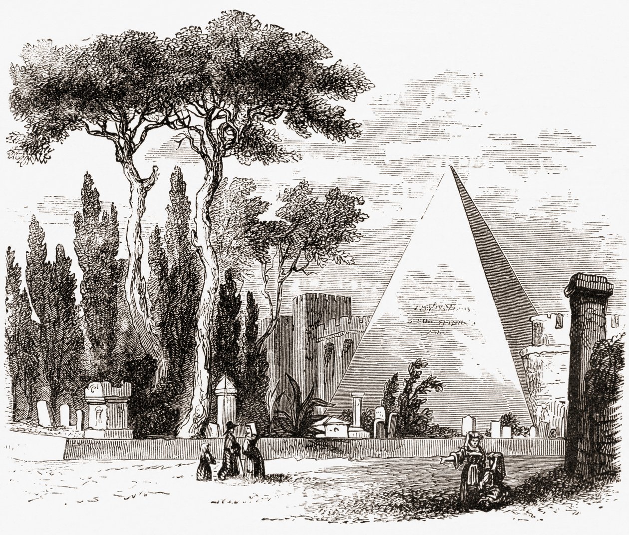 A protestáns temető és a Cestius-piramis, Róma, Olaszország a 19. század végén. Samuel Manning tiszteletes 1890 körül kiadott Italian Pictures című művéből. alkotó: Reverend Samuel Manning