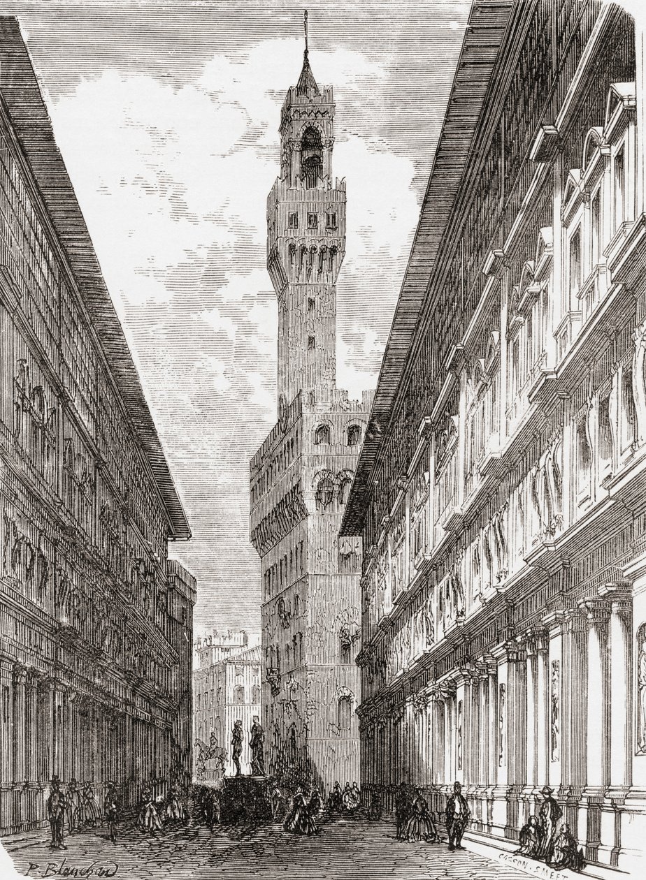 Az Uffizi, a Palazzo Vecchio és szobrok a Piazza della Signoria téren, Firenze, Olaszország, 19. század vége. A Rev. Samuel Manning által 1890 körül kiadott Italian Pictures című kötetből. alkotó: Reverend Samuel Manning