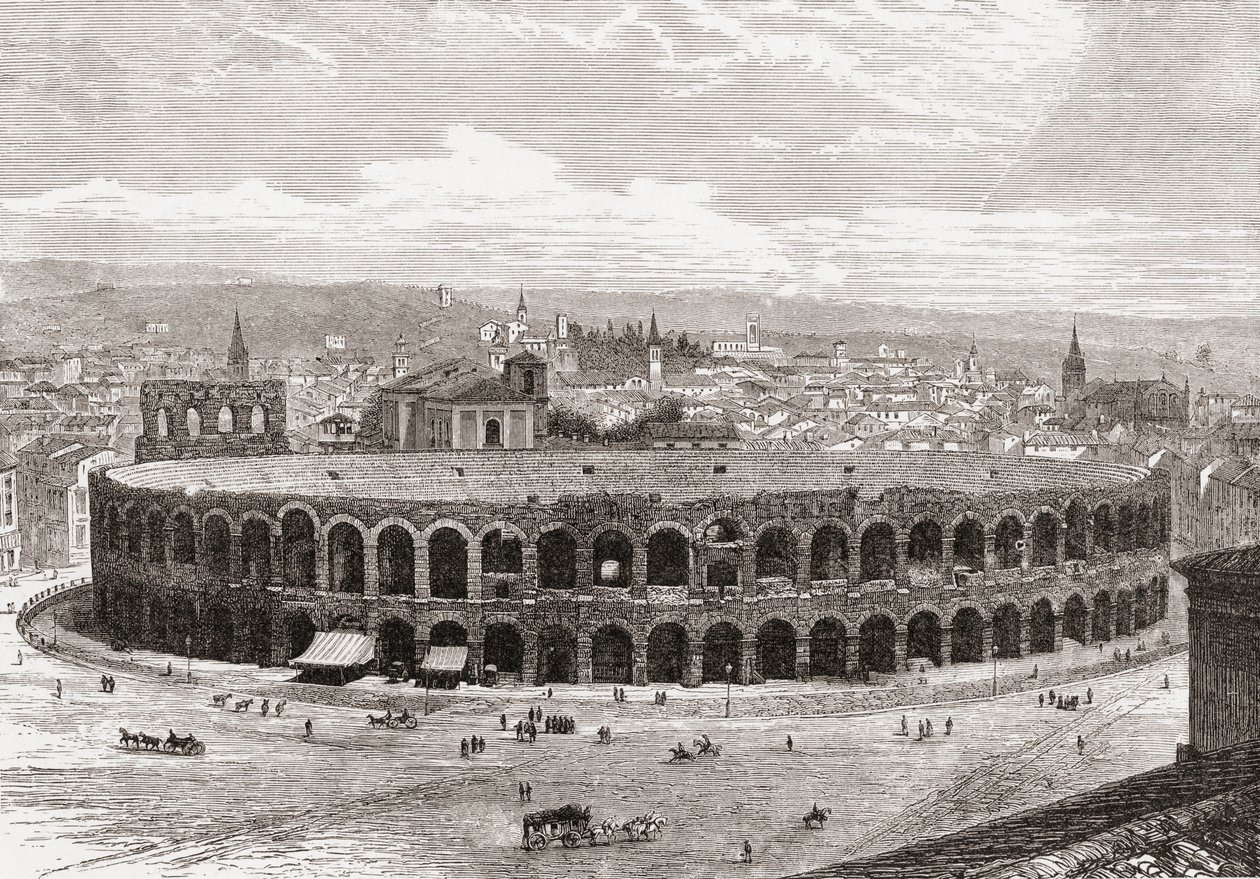A veronai aréna, Piazza Bra, Verona, Olaszország a 19. század végén. A Rev. Samuel Manning által 1890 körül kiadott Italian Pictures című kötetből. alkotó: Reverend Samuel Manning