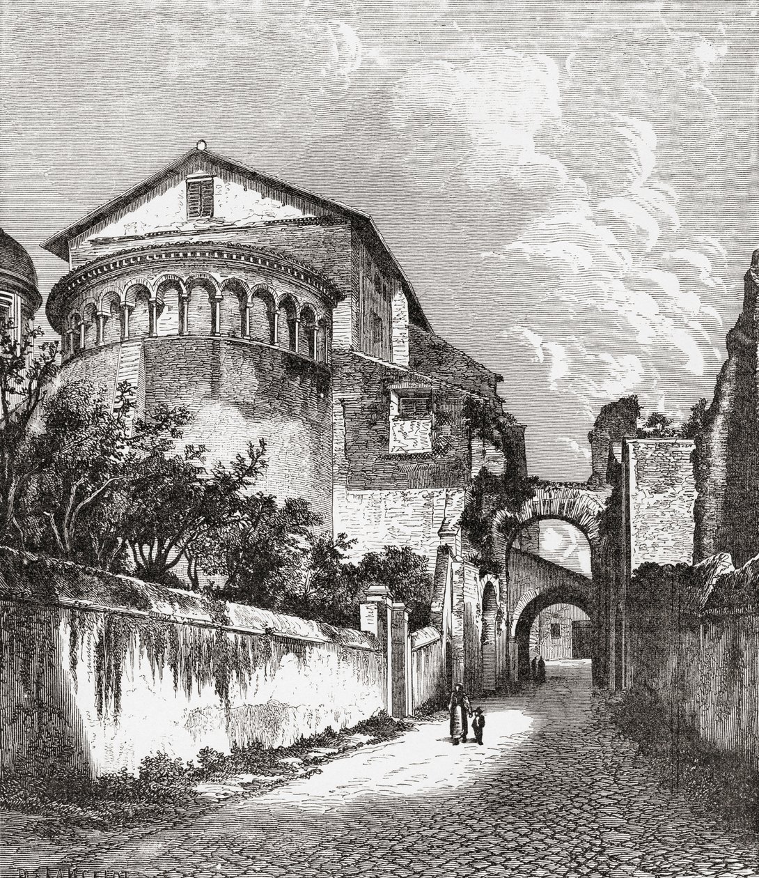 A Santi Giovanni e Paolo templom, Celian Hill, Róma, Olaszország a 19. század végén. A Samuel Manning tiszteletes által 1890 körül kiadott Italian Pictures című műből. alkotó: Reverend Samuel Manning