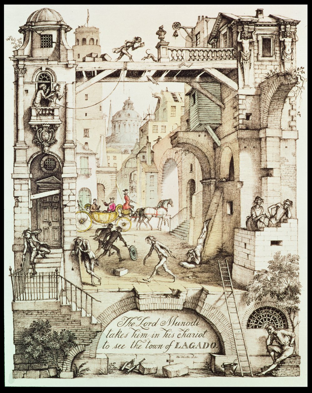 „A Lord Munodi elviszi a szekerén, hogy megnézze Lagado városát”, illusztráció Jonathan Swift (1667-1745) „Gulliver utazásai” című művéből. alkotó: Rex Whistler