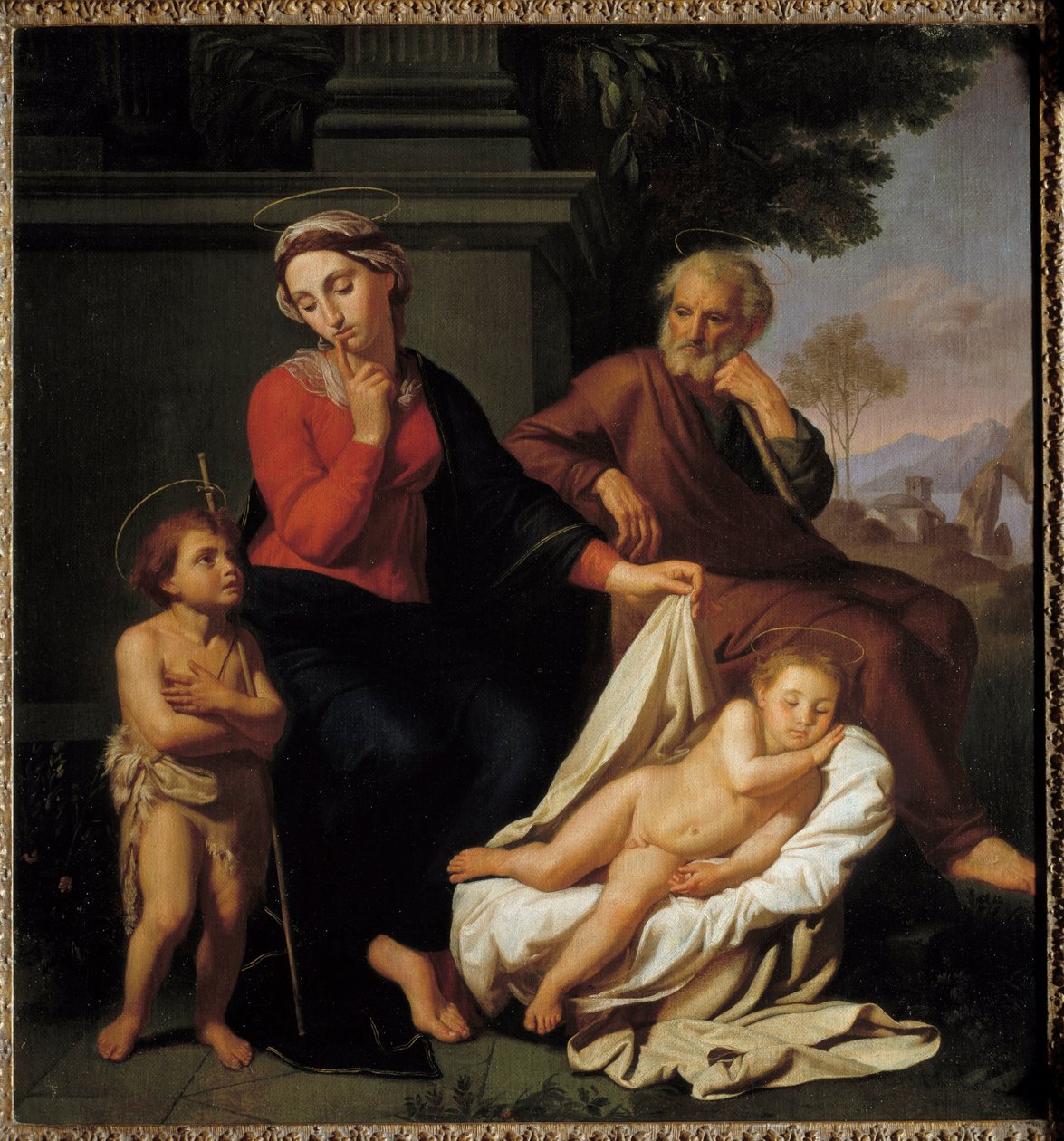 A Szent Család. Szűz Mária az ujját a szája elé teszi, hogy megkérje Keresztelő Szent Jánost, hogy ne ébressze fel Jézust, aki alszik. Szent József figyeli a jelenetet. Reynaud Levieux festménye (kb. 1625-1690) alkotó: Reynaud Levieux