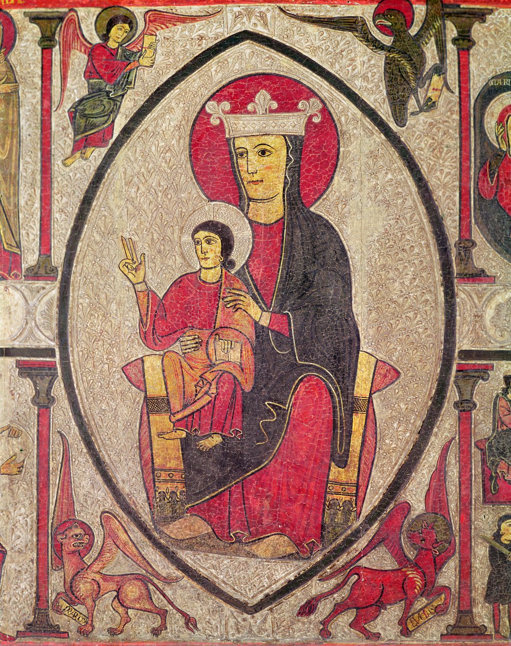 Madonna és gyermek, az Oltár homlokzatának központi panelje a Santa Maria de Cardet templomból, Vall de Boi, Spanyolország, 1150-1200 (tempera a panelen) (498164 részlet) alkotó: Ribagorça Workshop Johannes Pintor