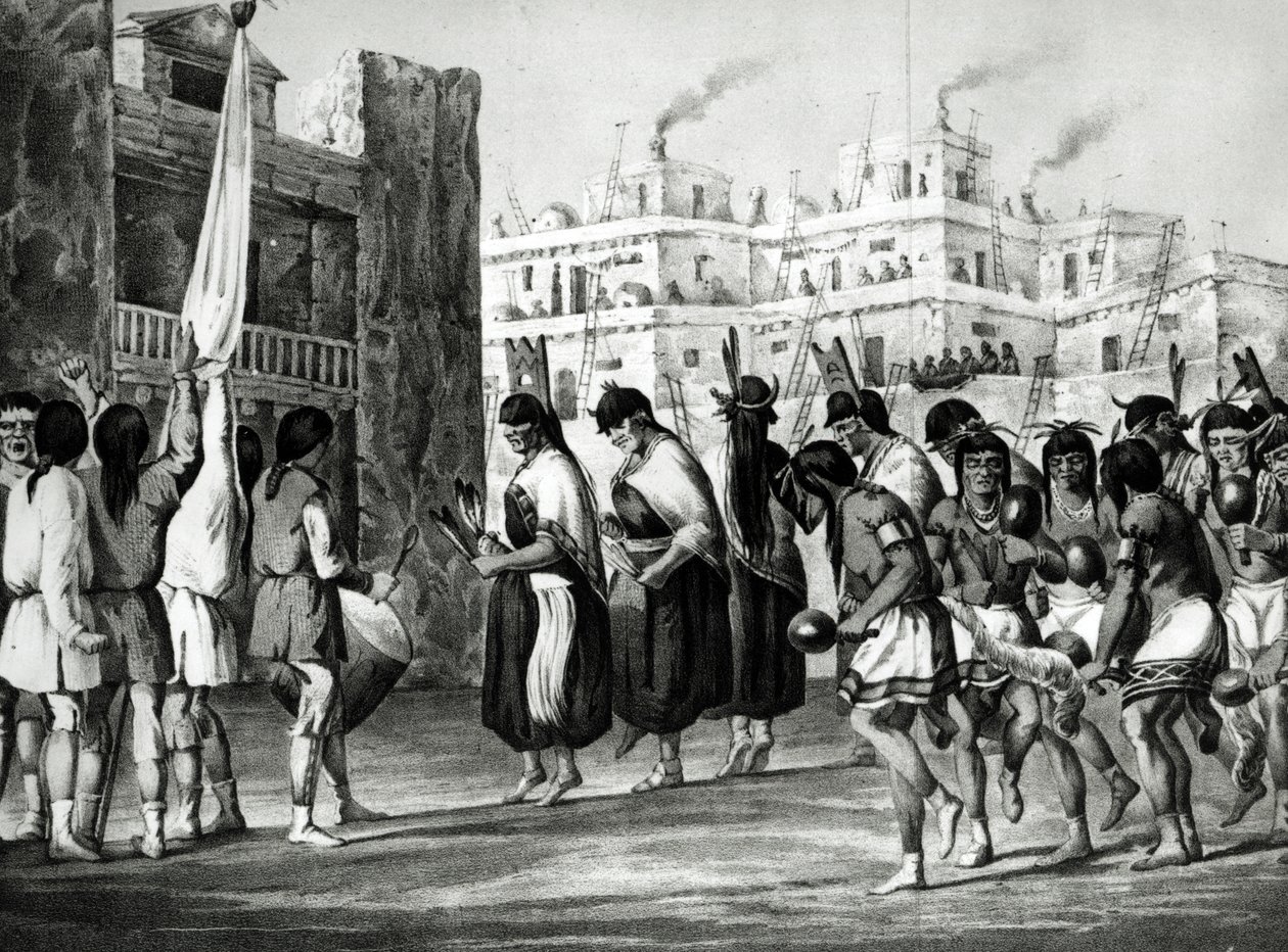 Bivalytánc az új-mexikói Pueblo de Zuniban, Sitgreave, pub „Report of an Expedition Down the Zuni and Colorado Rivers” című művéből. írta Ackermann alkotó: Ricard Hovenden Kern