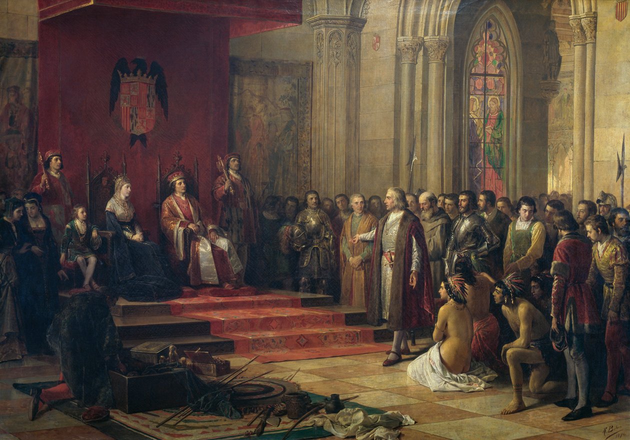 Kolumbusz Kristófot a katolikus királyok fogadták Barcelonában, amikor visszatért első amerikai útjáról, Ricardo Balaca (1844-1880) 1874-es festménye, olaj, vászon alkotó: Ricardo Balaca y Canseco