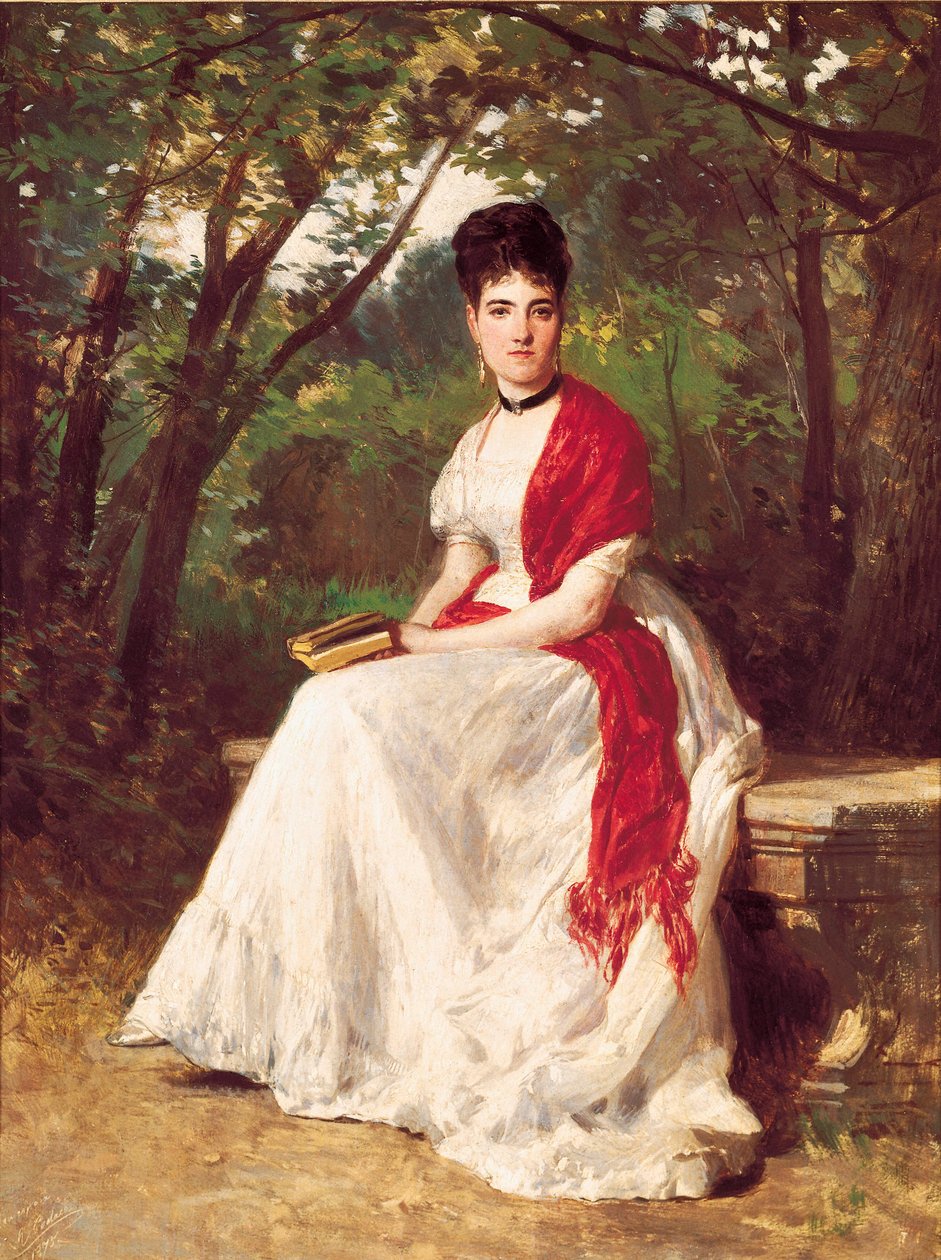 Teresa Vergara, a festő feleségének a kertben ülő portréja. Ricardo Balaca y Orejas-canseco (1844-1880) festménye. 1875. Madrid. Lazaro Galdiano Alapítvány. alkotó: Ricardo Balaca y Canseco