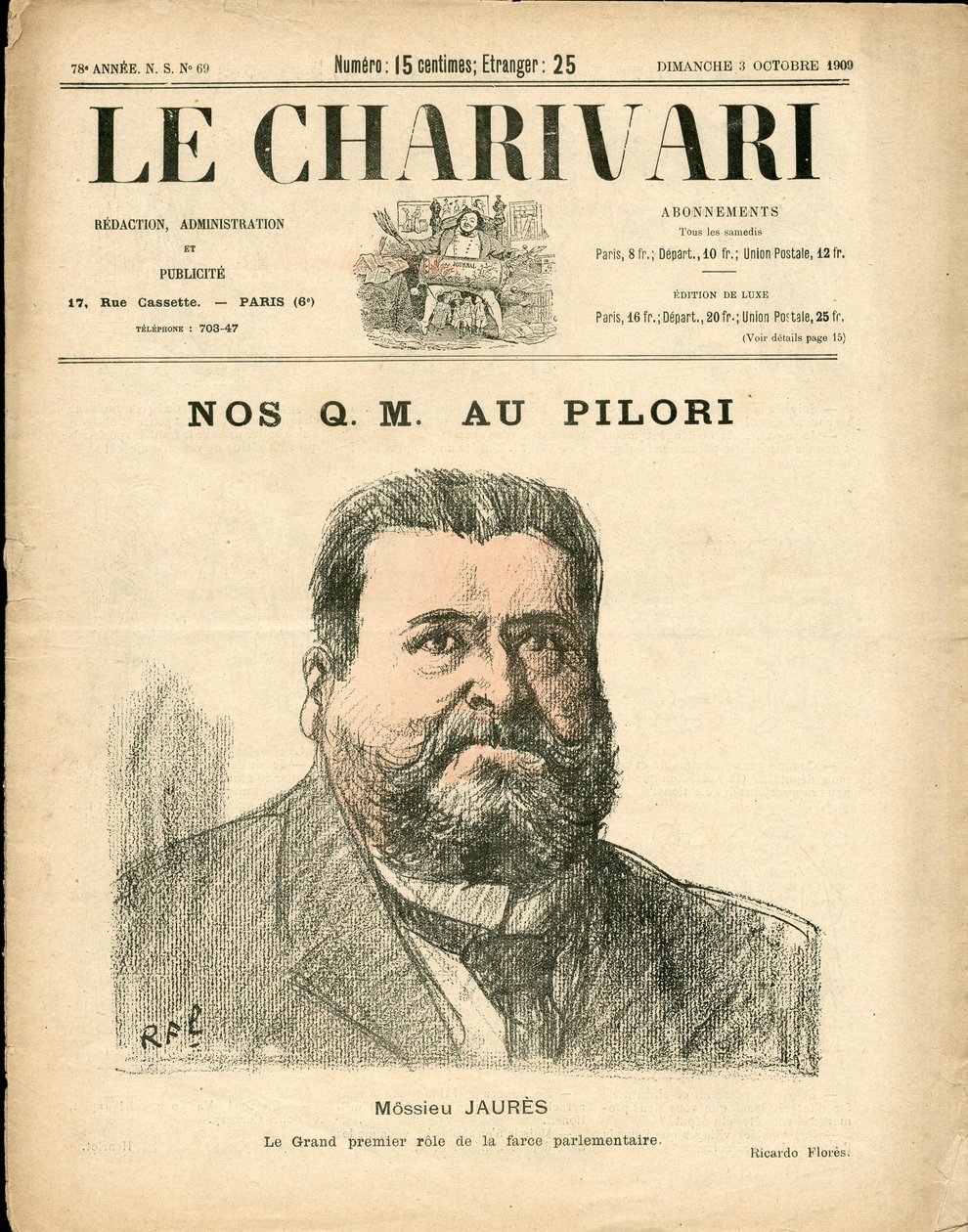 A „The Charivari” címlapja, színekben szatirikus alkotó: Ricardo Flores