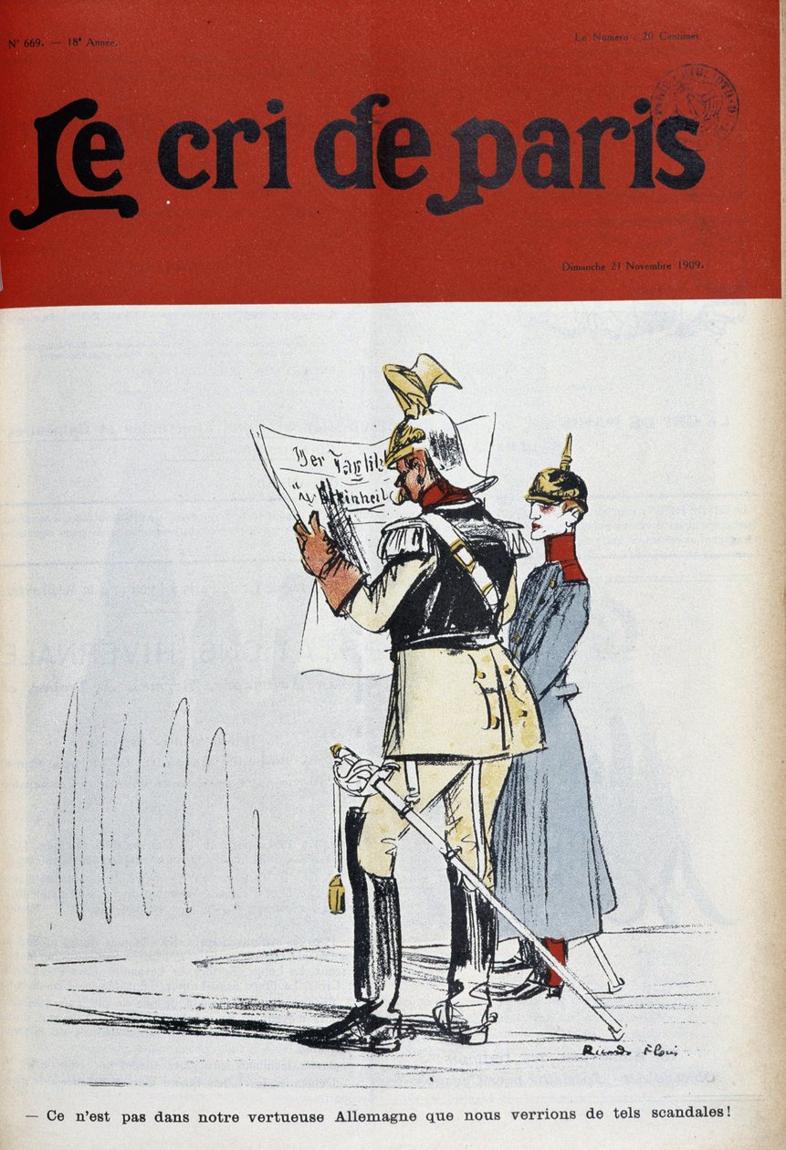 Németország császára (?), aki egy újságot olvas botrányokról (de melyikről?) Florès-couv. „Le Cree de Paris””, 1909.11.21. alkotó: Ricardo Flores