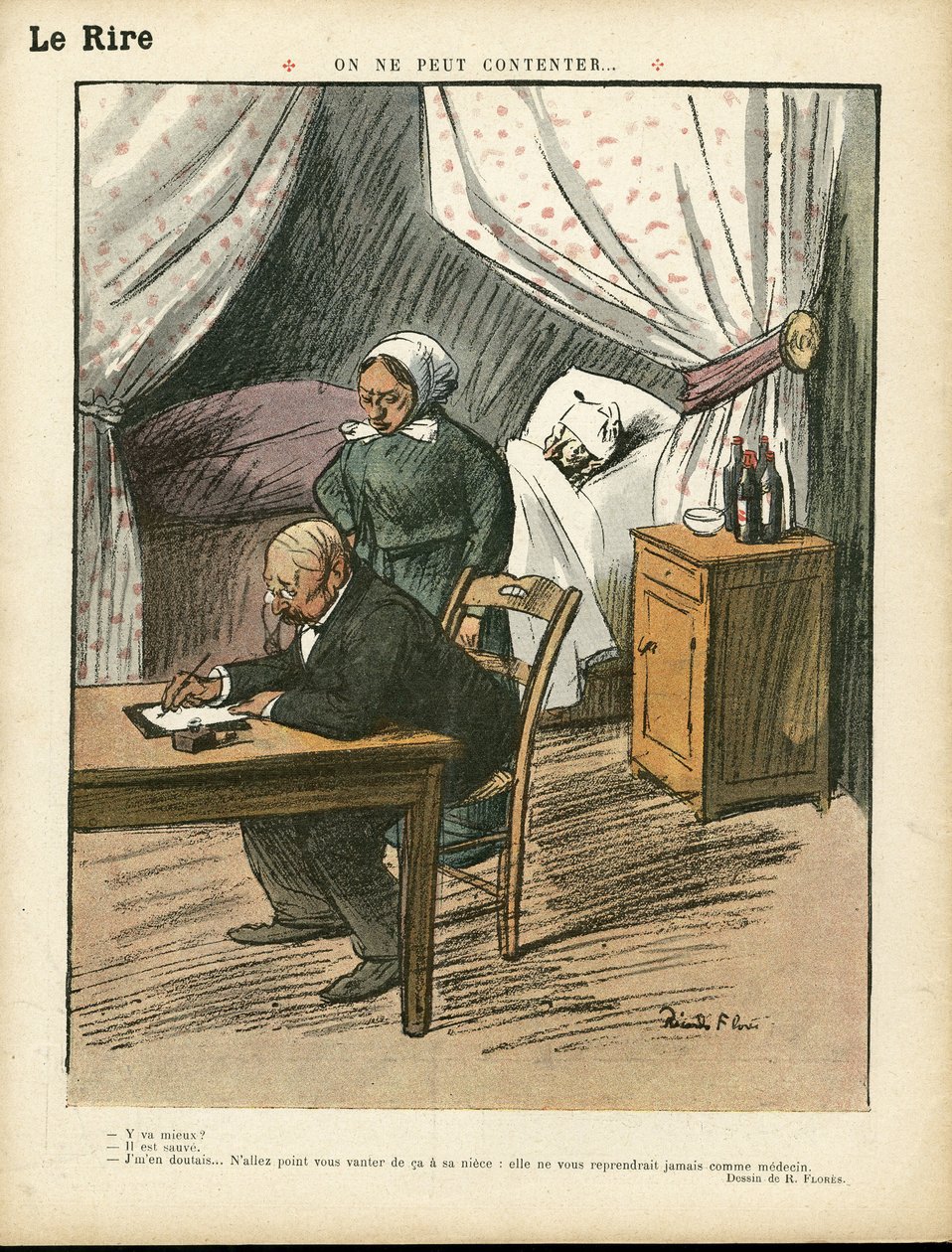Illusztráció: Ricardo Flores (1878-1918) a Le Lire-ben, 08/02/13 - Nem lehet elégedett - Orvosi, belsőépítészet alkotó: Ricardo Flores