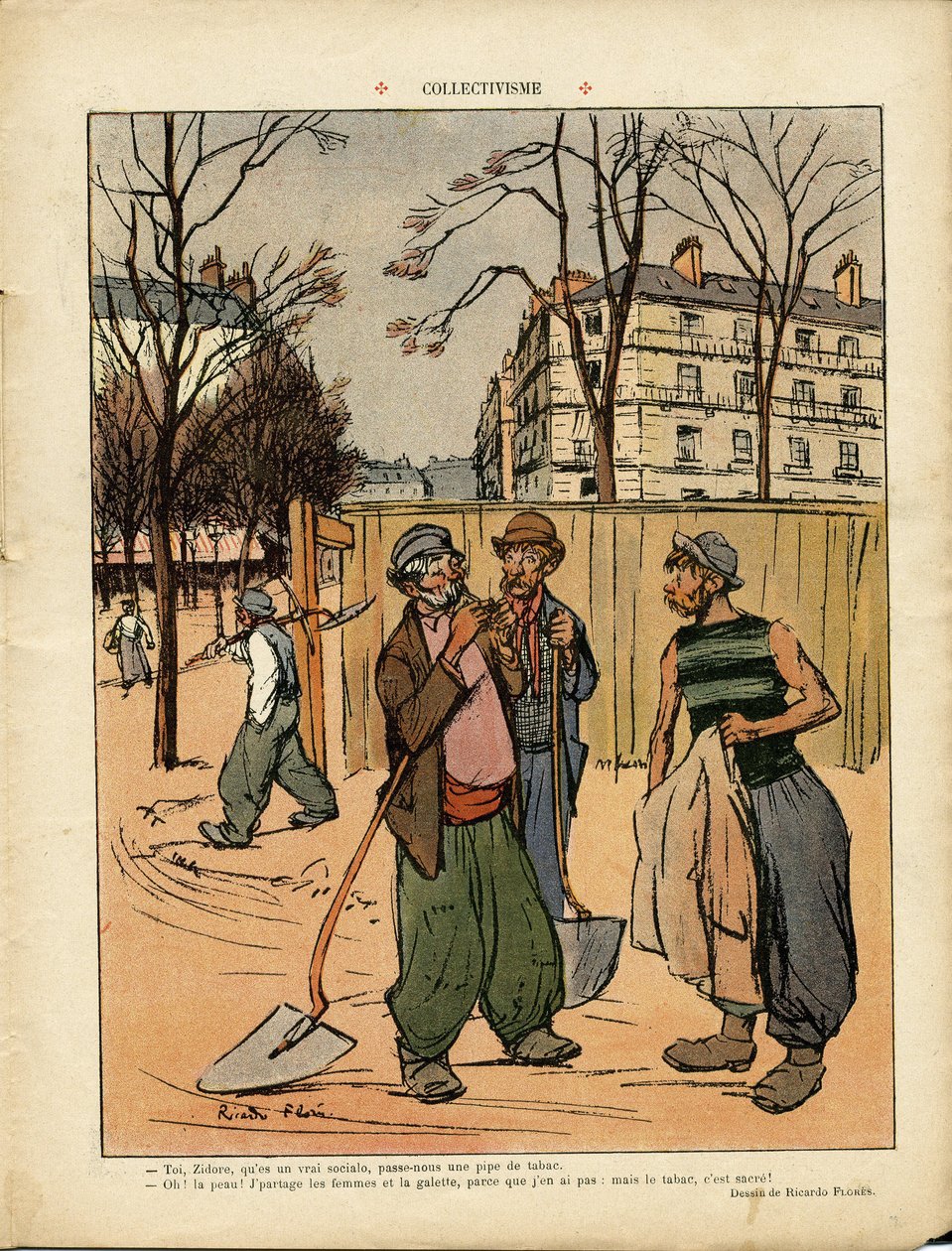 Illusztráció: Ricardo Flores (1878-1918), Le Rire, 06/02/09 - Kollektivizmus - Társadalmi, Városi építészet, Fa, Épület, Kollektivizmus - Munkás munkás, Terrasszák alkotó: Ricardo Flores