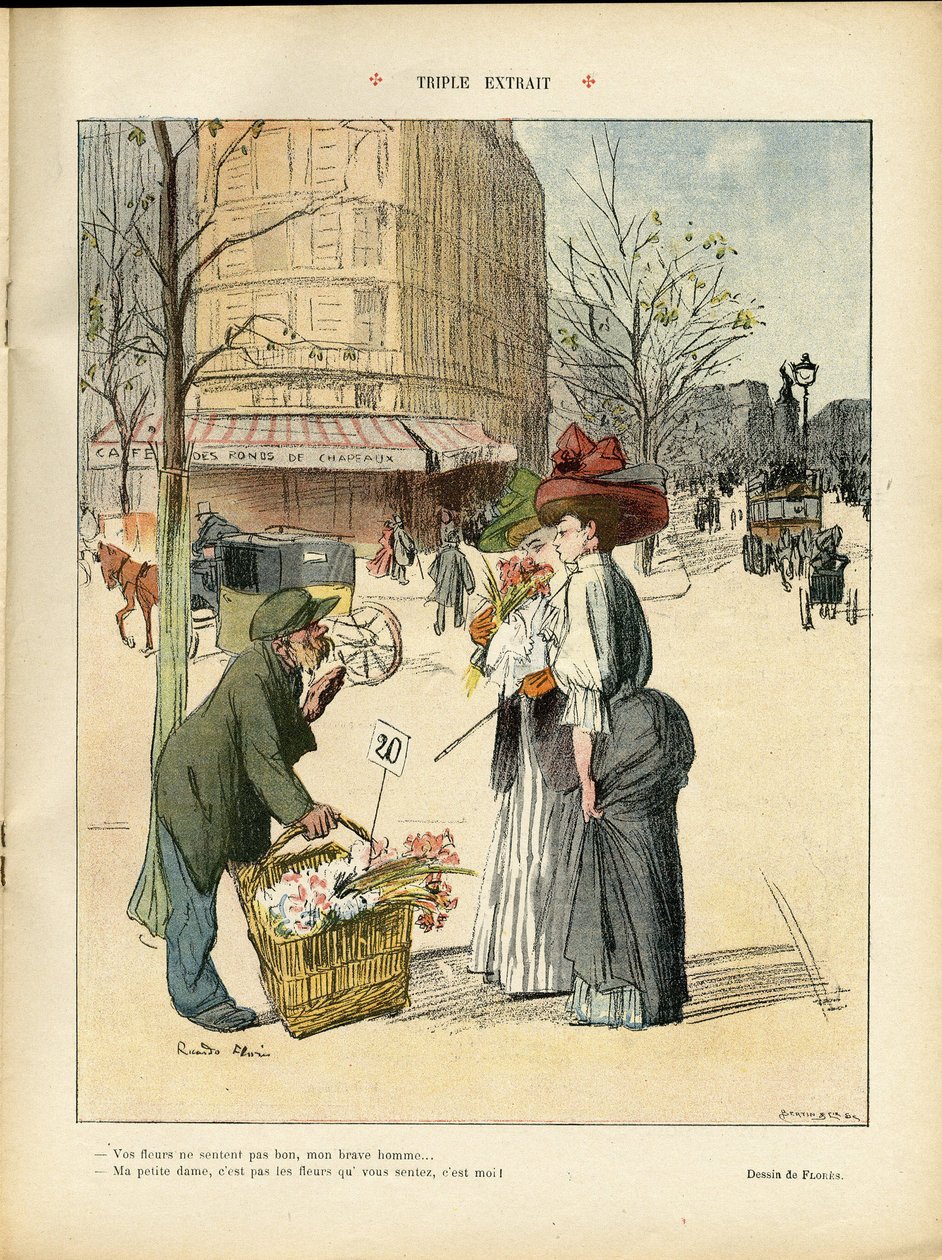 Illusztráció: Ricardo Flores (1878-1918) a Le Rire-ben, 08.04.25 - Három részlet - Építészet Urbanizmus, Divat, Kalap, Közlekedés, Virágok, Boltok alkotó: Ricardo Flores