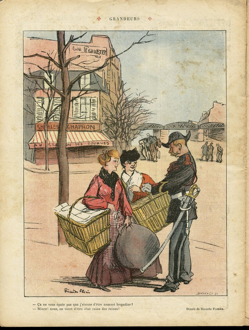 Illusztráció: Ricardo Flores (1878-1918), Le Rire, 2008.02.29 - Grandeur - Párizs, Szakmák, Építészet Urbanizmus, Szerelem, Üzletek, Metró - Mosónői mosodák alkotó: Ricardo Flores