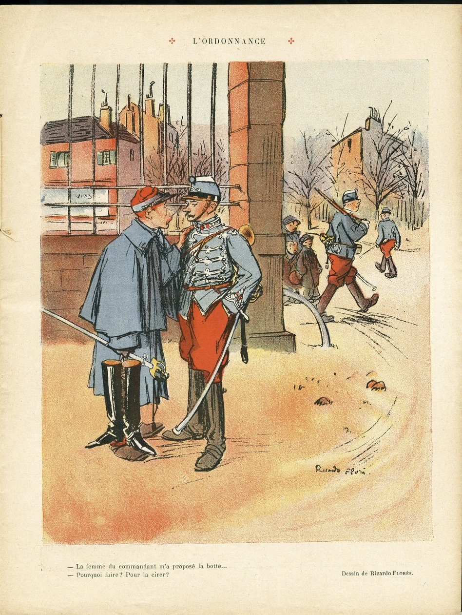 Illusztráció: Ricardo Flores (1878-1918) a The Rire-ben, 05/06/09 - A rendelet - Armee, Városi építészet, Szerelem alkotó: Ricardo Flores