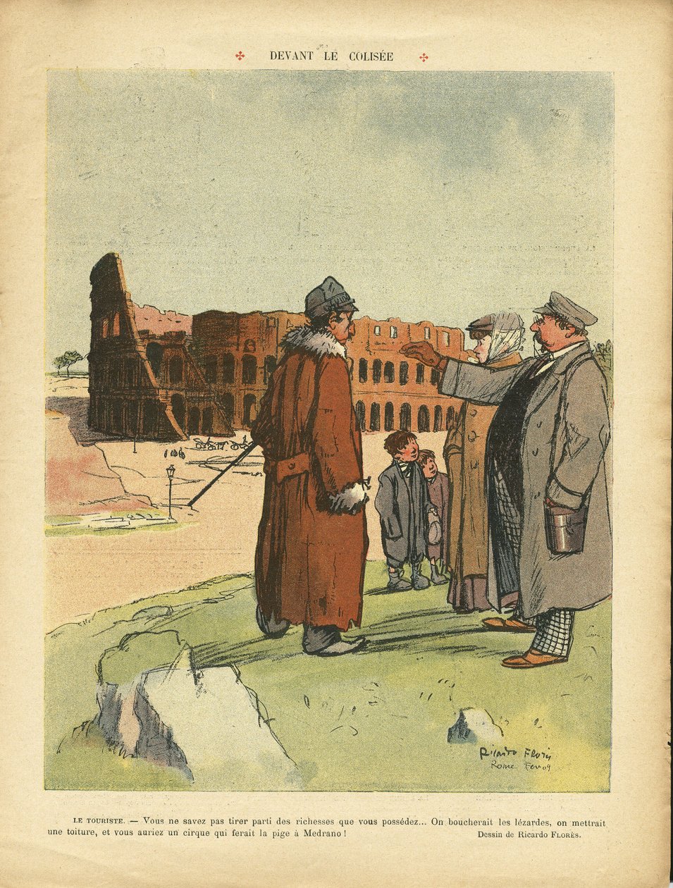 Ricardo Flores (1878-1918) illusztrációja a Le Rire-ben, 03.04.09 - A Colossee előtt - Olaszország, Turisztikai turisták, Colosse alkotó: Ricardo Flores