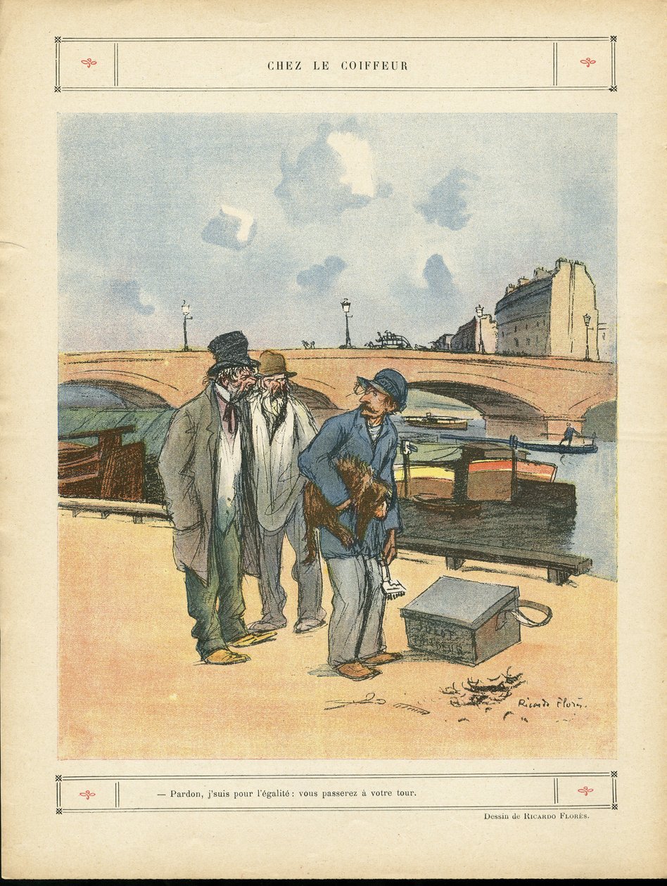 Ricardo Flores (1878-1918) illusztrációja a Le Rire-ben, 2012.10.05 - Fodrásznál - Párizs, Szakmák, Építészet Várostervezés, Híd, Folyó - Kutya, Fodrász alkotó: Ricardo Flores