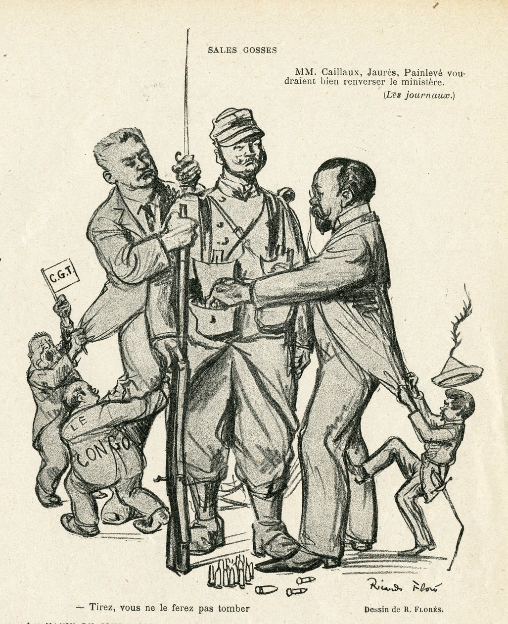 Ricardo Flores (1878-1918) illusztrációja a Le Rire-ben, 21/06/21 - Eladó gyerekek - Armee, Katonai szolgálat, Szocializmus - Jaures Jean, Caillaux Joseph (1863-1944), Painleve Paul (1863-1933) alkotó: Ricardo Flores