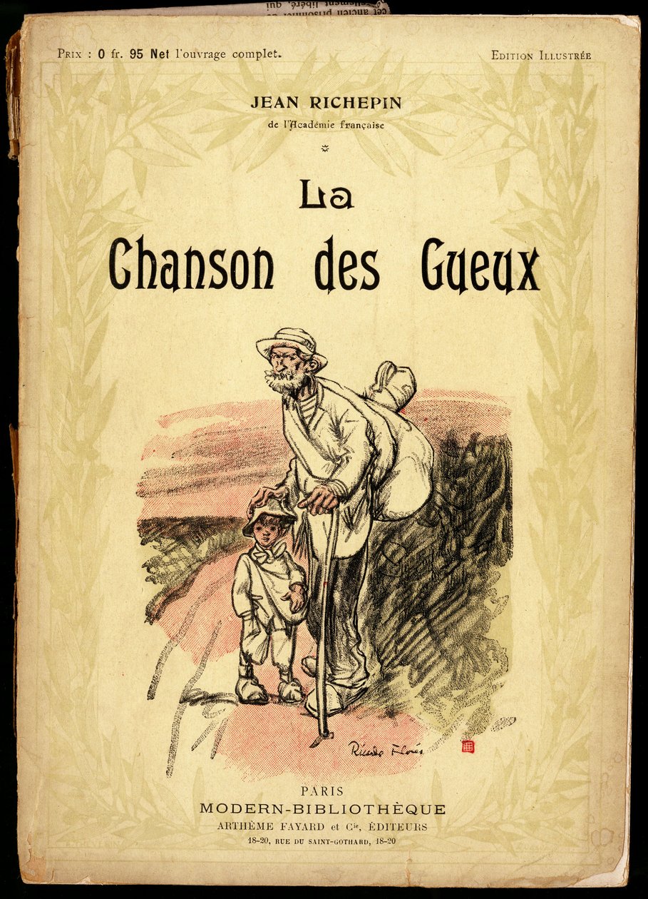 Idős férfi és kisfiú, utazási csomót és rongyokba bepólyált cipőt viselő, úton, Ricardo Flores (meghalt 1918) illusztrációja a „La chanson des gueux” című szöveg- és versgyűjtemény borítójára, Jean Richepin (1849-1926), a franciák alkotó: Ricardo Flores
