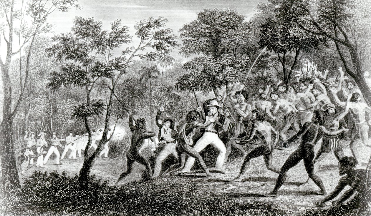 A Gambier-szigetek bennszülötteinek támadása, vésette Edward Finden, 1831 alkotó: Richard B. Beechey