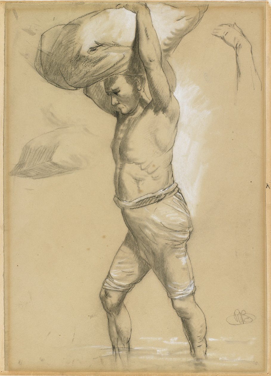 Csomagot cipelő férfi, 1870-80-as évek (fekete kréta vagy szén, fehérrel kiemelve) alkotó: Richard Beavis