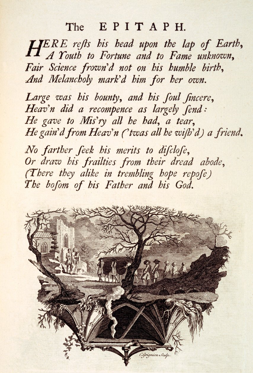 Az epitáfium, illusztráció Thomas Gray "Tomas Gray