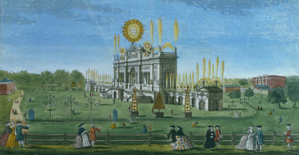 A Green Park tűzijáték épületének perspektivikus képe, a víztározóból, Paul Angier metszete, 1749 alkotó: Richard Brookes