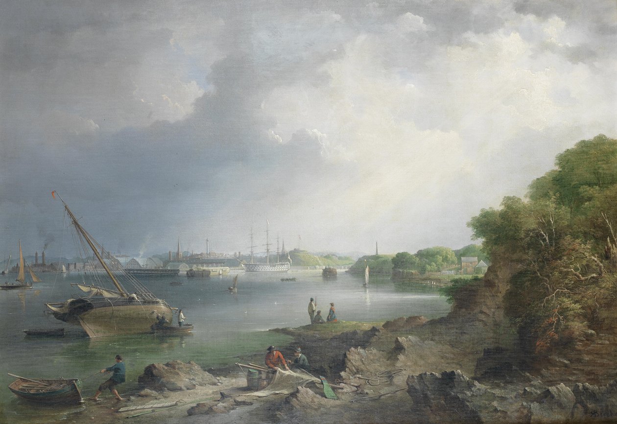Kilátás a Hamoaze -ra a Devonport -i haditengerészeti dokk fedett csúszdái és épületei felé alkotó: Richard Brydges Beechey