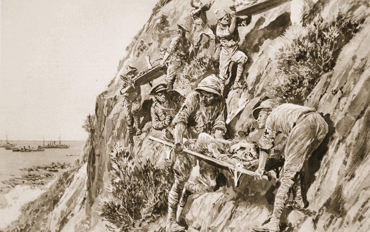 Egy R.A.M.C. nehezen összevethető bravúr: sebesültek lehozása a szikláról a Dardanelláknál vívott Suvla-öböli csata során, a „The Illustrated War News”-ból alkotó: Richard Caton Woodville junior