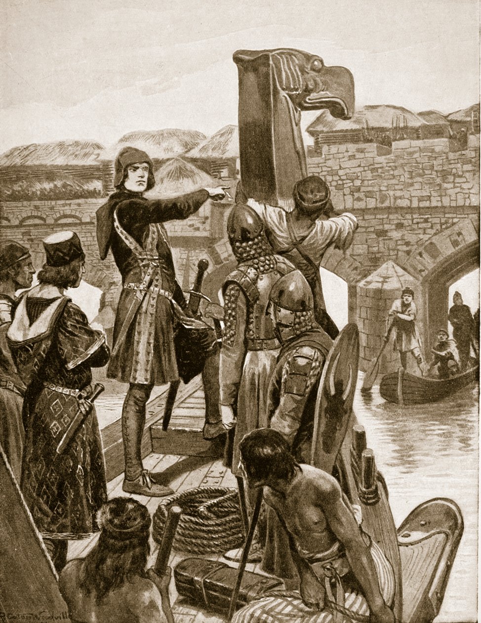 Earl Godwin 1052-ben áthajózik a London Bridge alatt, hogy csatlakozzon fiához, Haroldhoz 9 írországi hajójával. Illusztráció a „Hutchinson