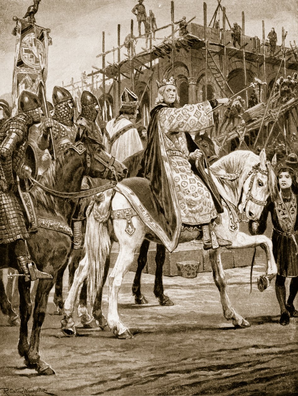 Hitvalló Edward nézi a Westminster Abbey épületét, az első normann templomot, amelyet Angliában emeltek, illusztráció a „Hutchinson története a brit nemzetről” című művéből, 1923 körül alkotó: Richard Caton Woodville junior