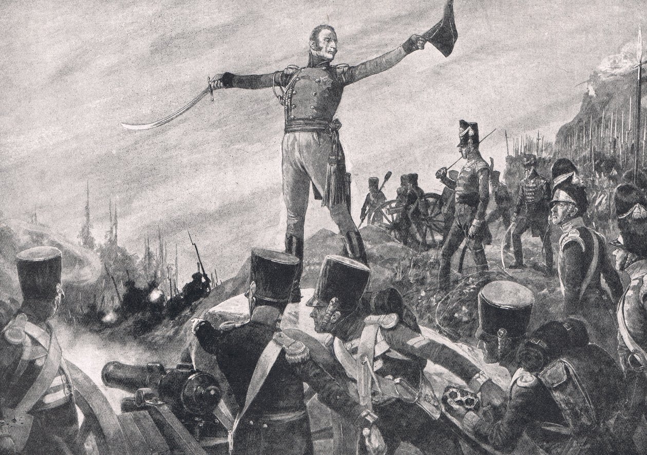 Crawford tábornok parancsot ad a 43. és 52. ezrednek az előrenyomuláshoz, illusztráció a „British Battle on Land and Sea” című könyvből, kiadó: Cassell, London, 1910 körül alkotó: Richard Caton Woodville junior