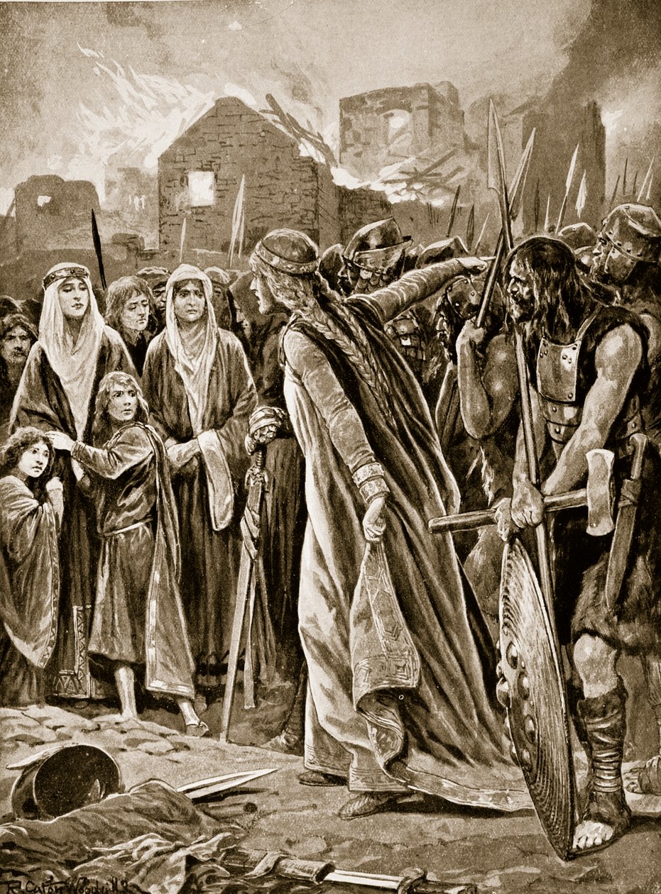 Foglyok az Ethelfle előtt Brecon megrohanása után, illusztráció a „Hutchinson története a brit nemzetről”, 1923 körül alkotó: Richard Caton Woodville junior