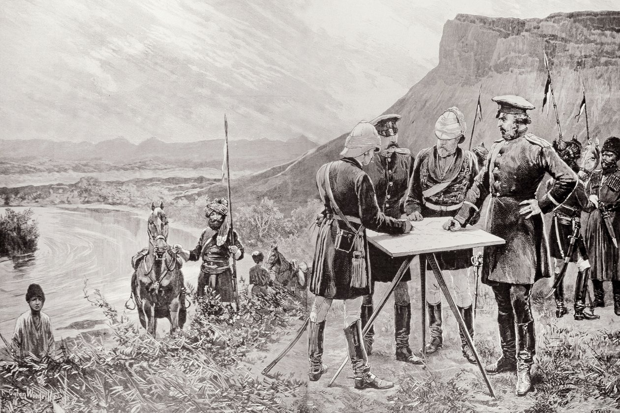Az Afgán Határbizottság: Az orosz és brit biztosok a Zulfikarnál, az első határoszlop helyének rögzítése, november 12., vésette R. Taylor, a „The Illustrated London News”-ból, alkotó: Richard Caton Woodville junior
