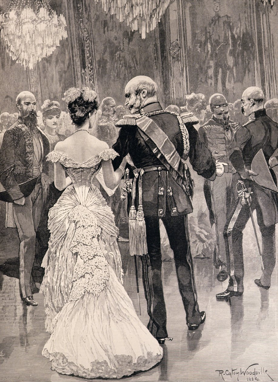A porosz király egy udvari bálon 1862-ben, Bismarckra, új külügyminiszterére mutatott rá a The Illustrated London News-ból, 1887. március 26. alkotó: Richard Caton Woodville junior