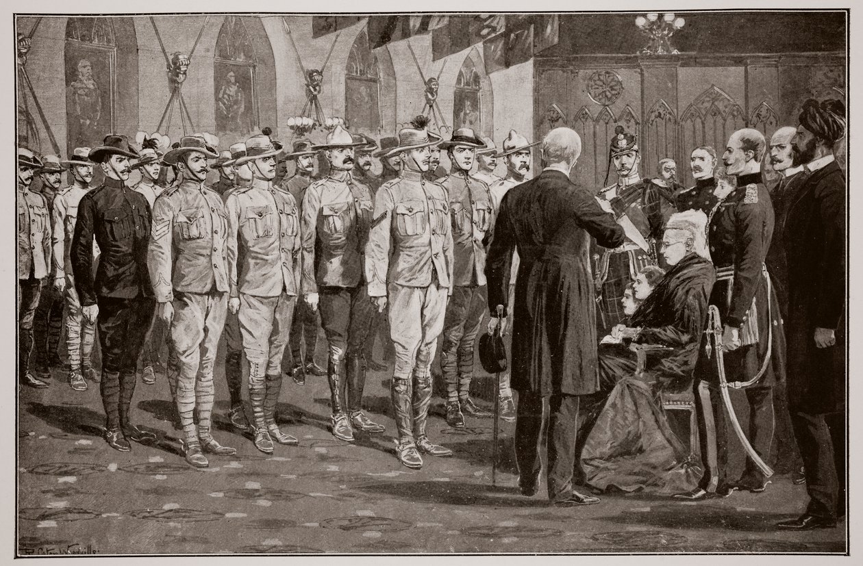 A gyarmati katonák ellenőrzése a windsori kastélyban Viktória királynő által, 1900. november 16. alkotó: Richard Caton Woodville junior