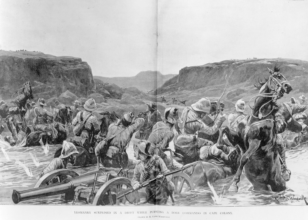 Yeomanry meglepett egy sodródáson, miközben egy búr kommandót üldöz Cape Colony-ban alkotó: Richard Caton Woodville junior