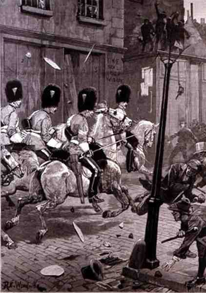 The Irish Land League agitation: Scots Grays Charging the Mob Limerickben, a The Illustrated London News, 1881. október 29. alkotó: Richard Caton II Woodville