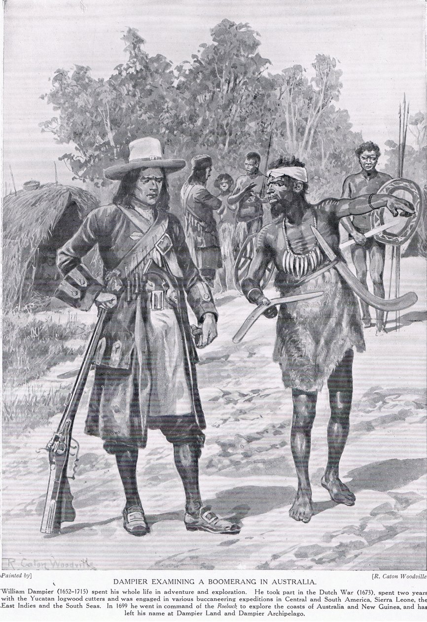 Dampier egy bumerángot vizsgál Ausztráliában, 1910 körül alkotó: Richard Caton Woodville