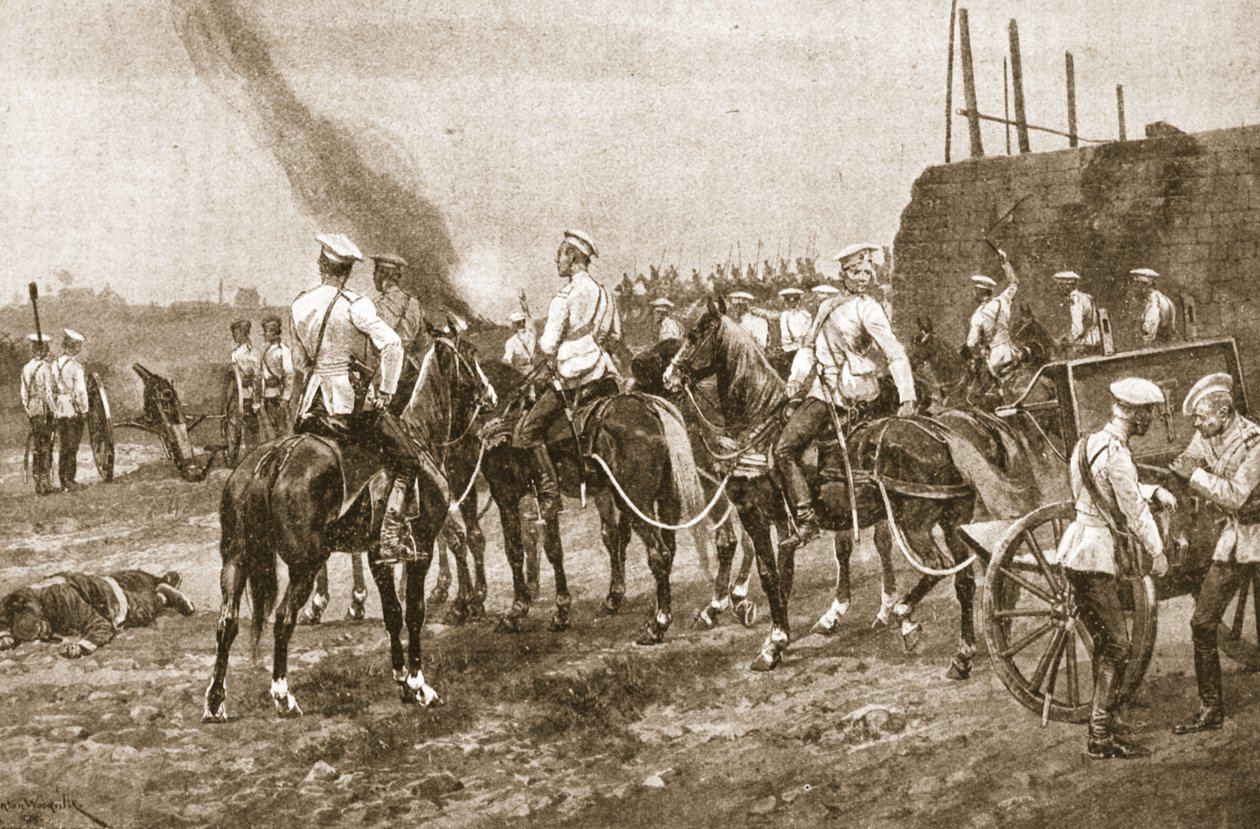 Az orosz kozák tüzérség a kínaiakkal Pekingen kívül, illusztráció a „Tizenegyedik századi csaták” című kötetből. VII, Az 1900-1901-es kínai háború”, Archibald Forbes, G.A. Henty és őrnagy A alkotó: Richard Caton Woodville