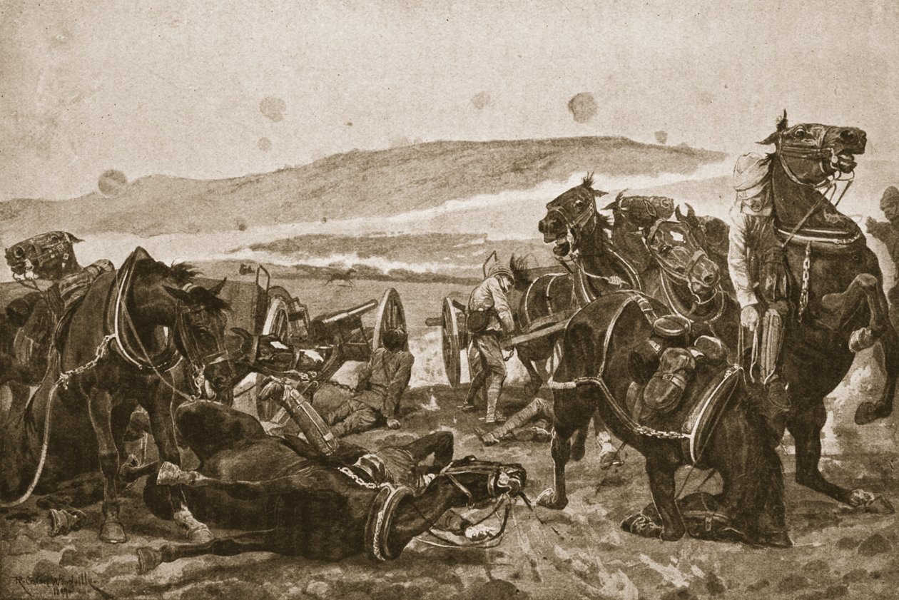 A colensói csata: az ágyúink elvesztése, illusztráció a "Battles of the Nineteenth Century, Vol. VI: The Boer War of 1899-1900" című kötetből, írta Archibald Forbes, G.A. Henty és Arthur Griffiths őrnagy (litho). alkotó: Richard Caton Woodville