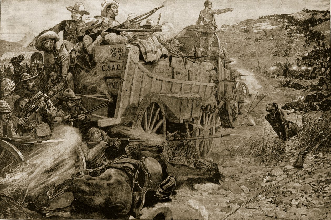 A Matabele-háború, 1893: Támadás az Imbembezi folyón a kocsik lágere ellen, november 1., a „The Illustrated London News”-ból, 1901 alkotó: Richard Caton Woodville