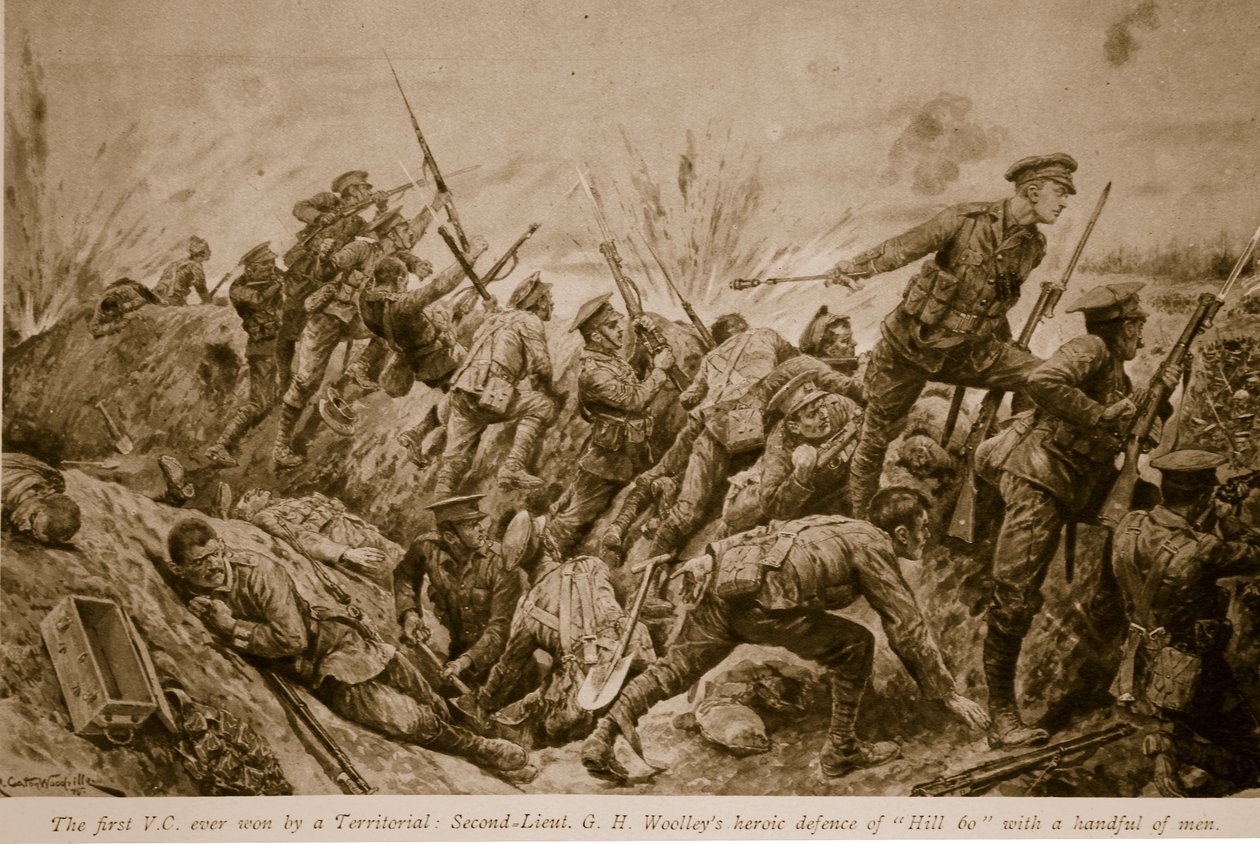 Az első V.C. területi nyert: G.H. hadnagy. Woolley hősies védelme a „Hill 60”-ban egy maroknyi emberrel, 1914-1919 alkotó: Richard Caton Woodville