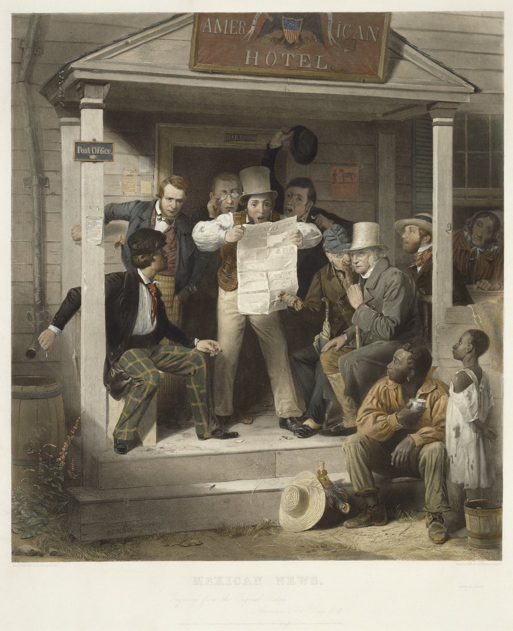 Mexican News, c. 1851 (kézzel színezett metszet szőtt papírra) alkotó: Richard Caton after Woodville