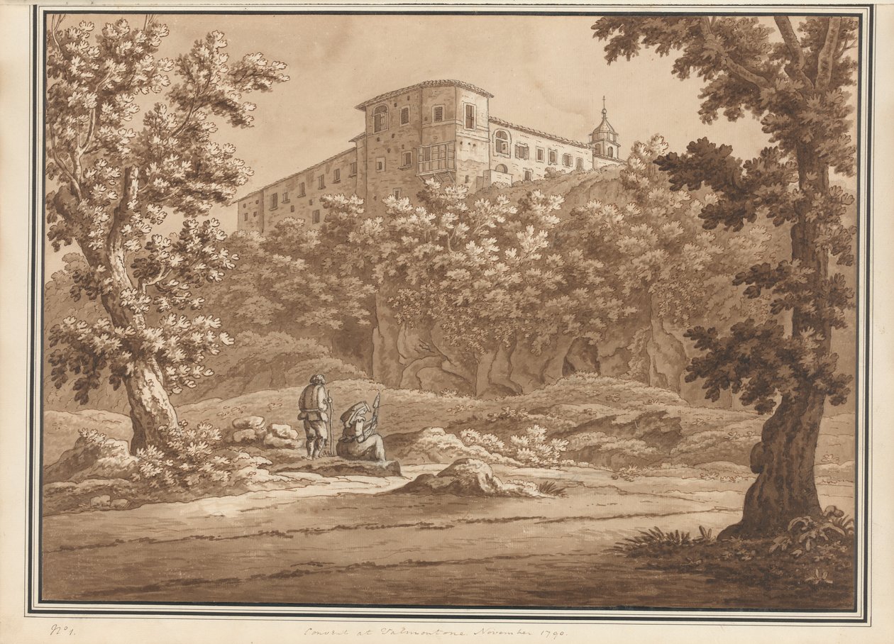 Valmontone-i kolostor, egy 66 képből álló kötetből, amely a természetből készült Róma és Abruzzo szomszédságában, 1790. november (toll- és tintamosás papíron) alkotó: Richard Colt Hoare