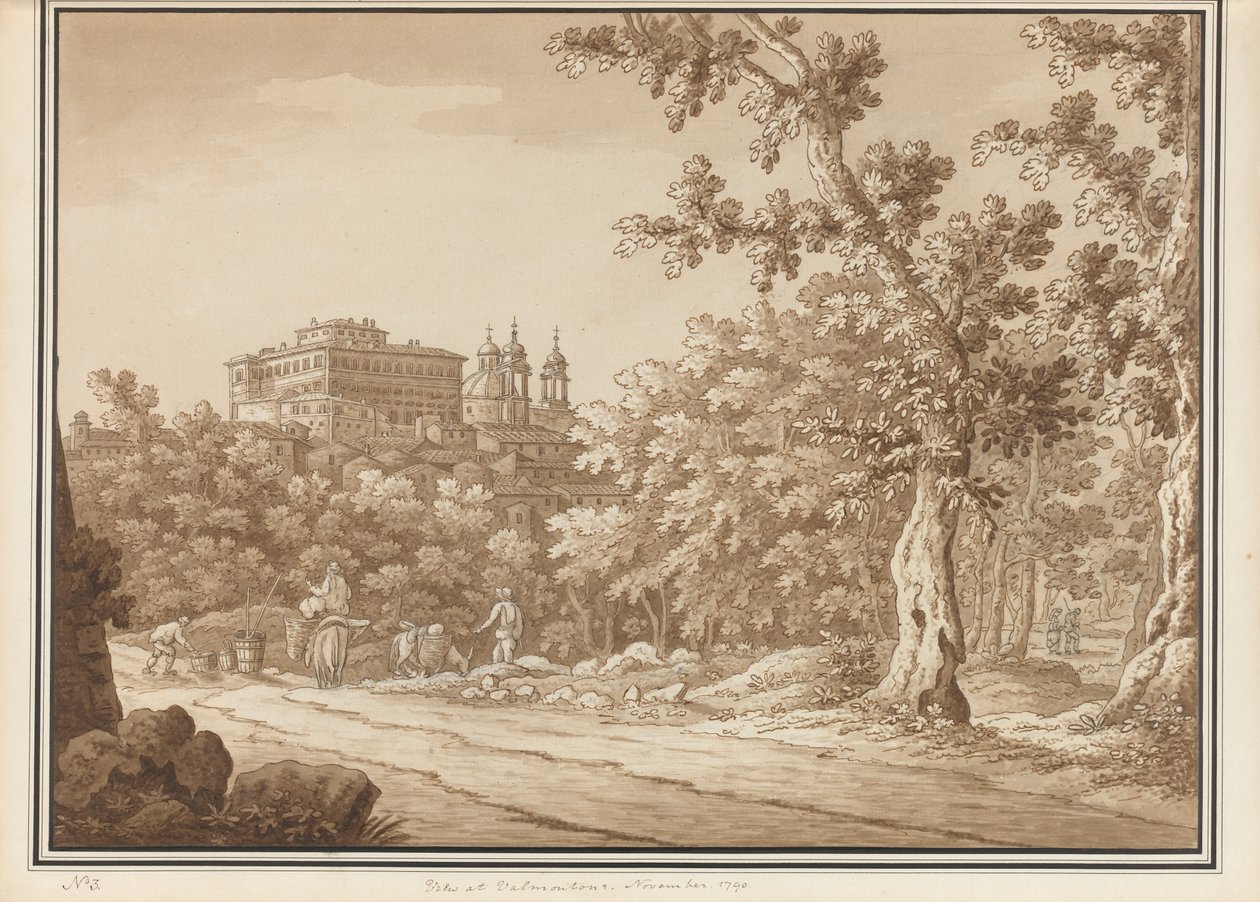 Valmontone látképe, egy kötetből, amely 66, a természetről készült látképet tartalmaz Róma és Abruzzo környékén, 1790 novembere (toll és tus, mosás, papír) alkotó: Richard Colt Hoare